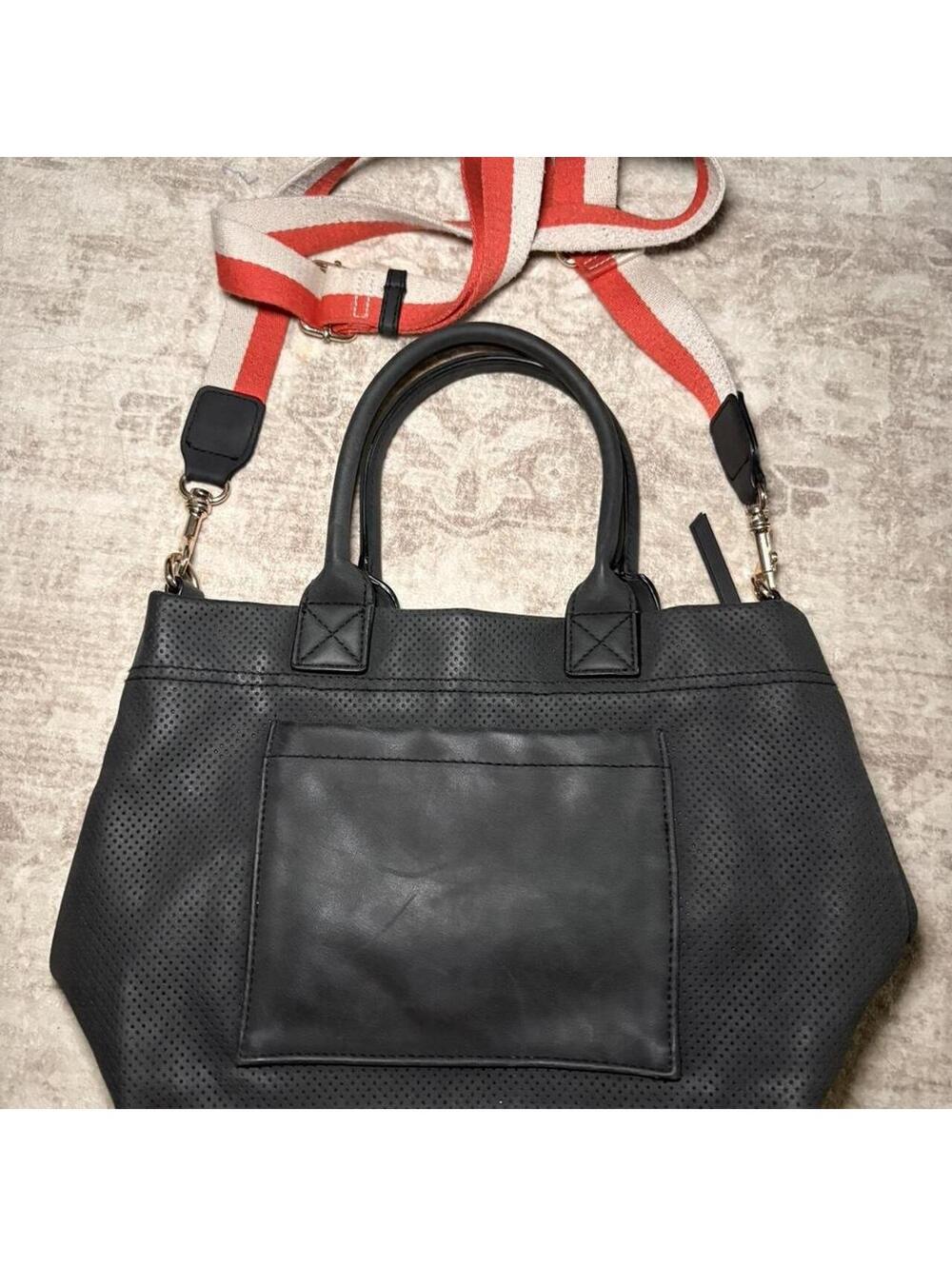 Universal Thread Black Perforated Tote Bag with Detachable Red and White Strap